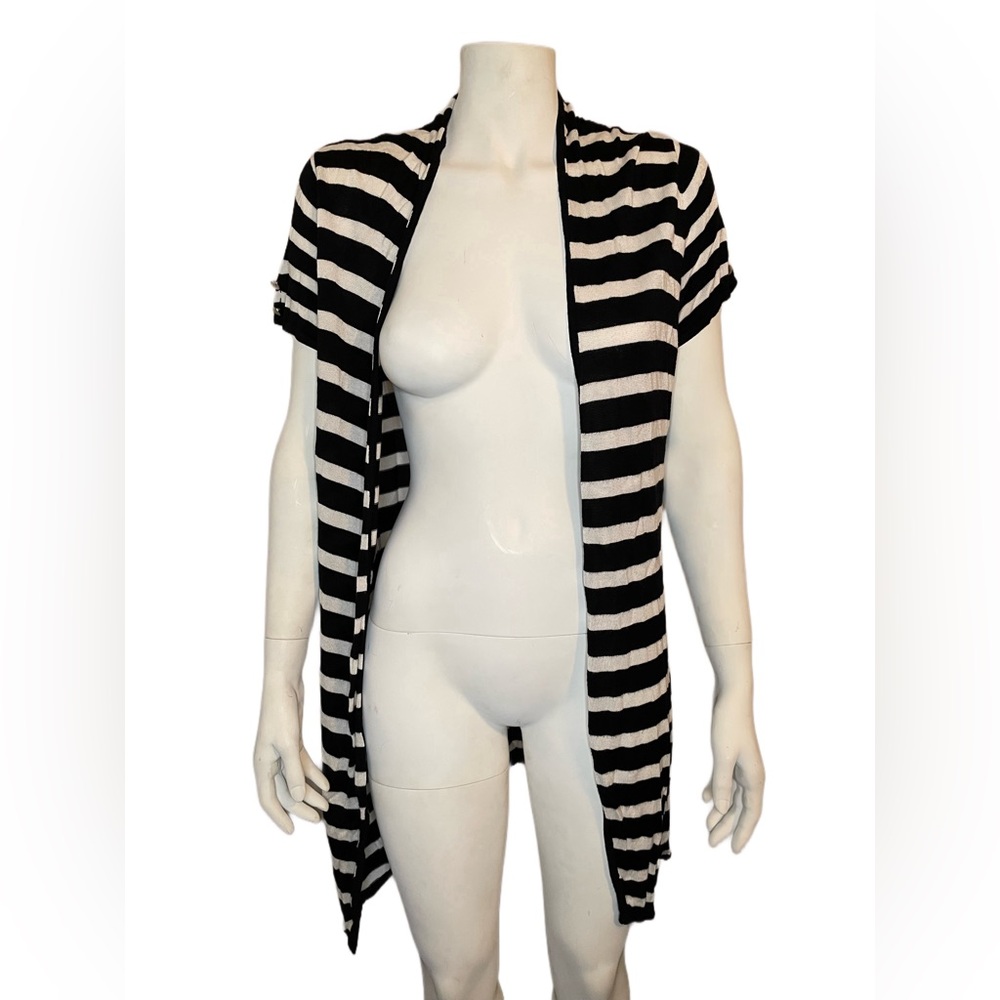 Joseph A. Long Striped Open Front Cardigan Sweater black white